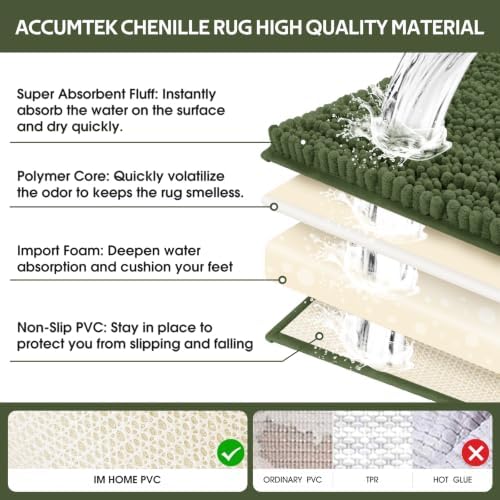 ACCUMTEK Upgrade Extra Large Oliver Green Bathroom Rug Set 3 Pieces Ultra Soft, Thick Absorbent Bath Mats, Non Slip Chenille Toilet Mat for Bathroom, Bedroom, Kitchen