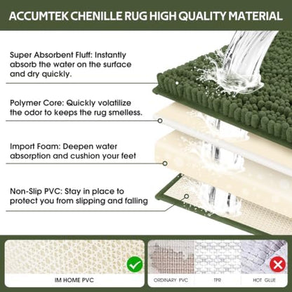 ACCUMTEK Upgrade Extra Large Oliver Green Bathroom Rug Set 3 Pieces Ultra Soft, Thick Absorbent Bath Mats, Non Slip Chenille Toilet Mat for Bathroom, Bedroom, Kitchen