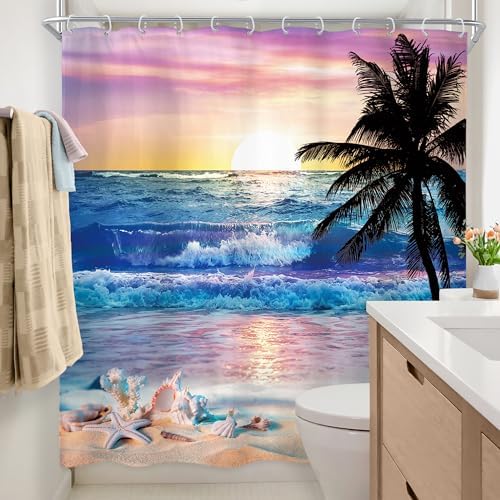 Ocean Coastal Sunrise Beach Tropical Palm Tree Bathroom Shower Curtain Set