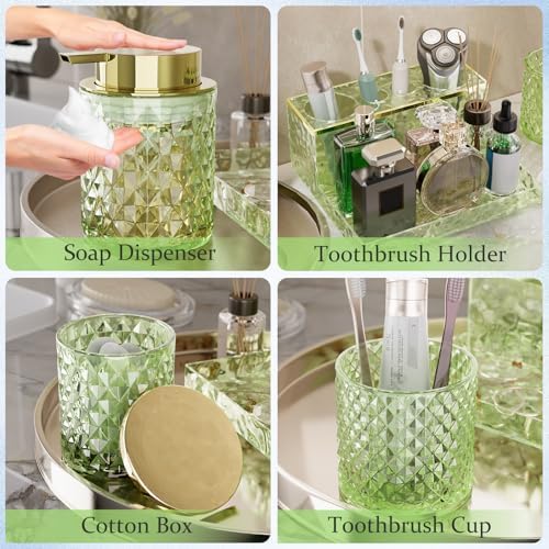Green Bathroom Accessories Set - 20PCS Glass Bathroom Set with Shower Curtain and Rugs, Soap Dispenser, Soap Dish, Cup, Qtip Jar, Toothbrush Holder, Stylish & Functional Bath Decor for Home, Apartment