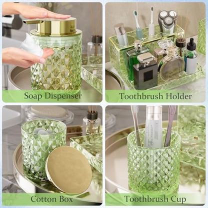 Green Bathroom Accessories Set - 20PCS Glass Bathroom Set with Shower Curtain and Rugs, Soap Dispenser, Soap Dish, Cup, Qtip Jar, Toothbrush Holder, Stylish & Functional Bath Decor for Home, Apartment
