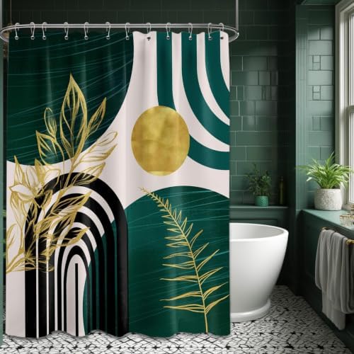 Emerald Green and Gold Extra Long Shower Curtain, Tall 72X96 in