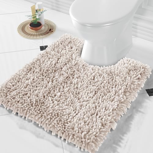 Yimobra Toilet Rugs U Shaped Washable, Extra Thick Soft Absorbent Chenille Contour Bathroom Rugs for Toilet 24x20 Inch, Quick Dry Non Slip Toilet Mat for Bath Floor, Khaki