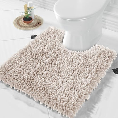 Yimobra Toilet Rugs U Shaped Washable, Extra Thick Soft Absorbent Chenille Contour Bathroom Rugs for Toilet 24x20 Inch, Quick Dry Non Slip Toilet Mat for Bath Floor, Khaki