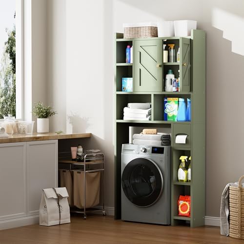 Over The Toilet Storage Cabinet, 64.6" Tall Bathroom Organizer Space Saver with Toilet Paper Holder & Adjustable Shelf, Freestanding Wood Cabinet for Small Space, Green
