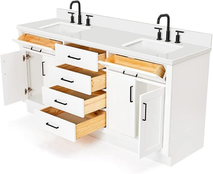 DKB Isabella 72 Inch Bathroom Vanity Double Sink — White Bathroom Vanity with Sink, 1.5" Edge Pure White Quartz Countertop, 4 Soft-Close Doors, 4 Dovetail Drawers, and 2 Tilt Drawers