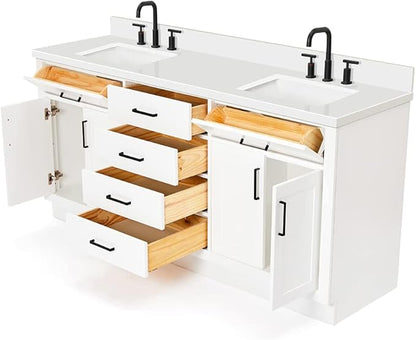 ARIEL Hepburn 72-inch Bathroom Vanity with Sink,Solid Wood, 1.5-inch Pure White Quartz Countertop & Backsplash, Double Rectangular Porcelain Sink, 4 Soft Closing Doors, 6 Dovetail Drawers, White
