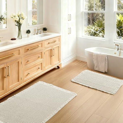 JIUZHEN Set of 2 Waffle Bathroom Rugs Boho Bath Mats 16"x24"+24"x36" Ivory