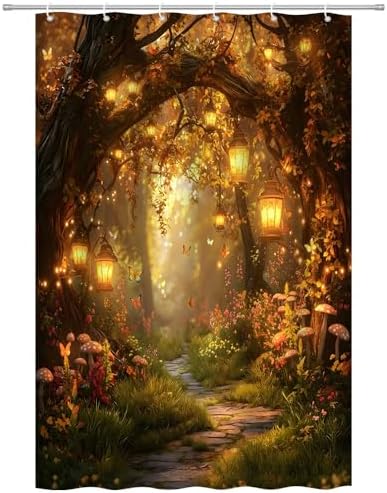 Fantasy Forest Path Shower Curtain Fall Fairy Magical Enchanted Misty Jungle Mushroom Floral Tree Butterfly Lantern Wonderland Bath Curtain Fabric Bathroom Accessories Decor with Hooks 47W x70L