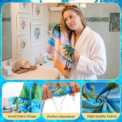 FuWeave 8 Pcs Tropical Beach Shower Curtain Set Summer Palm Tree Bathroom Decor Sea Ocean Waterproof Bathroom Accessories Shower Curtain Sets with Towels Carpet Bath Mat Toilet Rugs and 12 Hooks