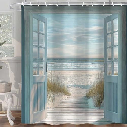 Blue Beach Barn Door Shower Curtain, Rustic Country Ocean Coastal Seaside Scenery Decor Bath Curtains, Retro Teal Wood Waterproof Bathroom Accessories Set, 72 x 78 inch with Hooks