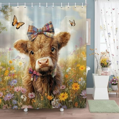 Cow Shower Curtain, Farmhouse Rustic Floral Funny Cute Highland Cow Shower Curtains, Western Cattle Bull Animal Wildflower Country Farm Animal Bathroom Decor, Surreal Bathroom Curtain, 47x64 inch