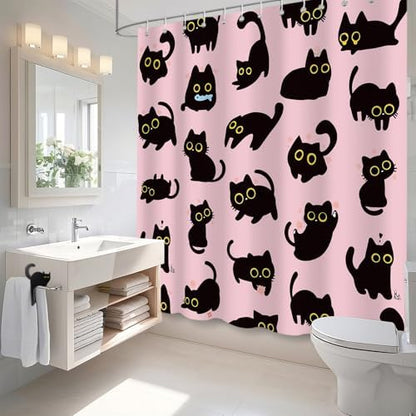 APROPHIC Cute Cat Shower Curtain 72x72 Inches, Funny Black Kitten Pattern Waterproof Polyester Bathroom Decor for Bathtub, Machine Washable Privacy Curtain for Bathroom, Bedroom with 12 Hooks Pink