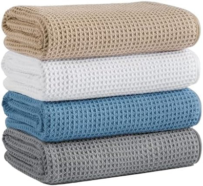 Microfiber Waffle Bath Towels, 4 Pieces, Soft, Absorbent, Fast Drying, Lint Free 430 GSM (Beige+Gray+Blue+White)