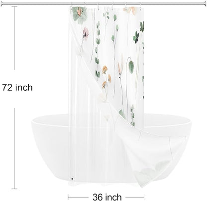 Small Stall 3 in 1 Shower Curtain Set, Watercolor Floral Bath Curtain and PEVA Liner Set with 12 Double Sided Steel Hooks, Modern Waterproof Fabric Bathroom Curtain 36x72, Sage Green