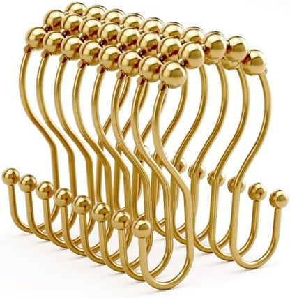 Bathway Shower Curtain Hooks, Shower Curtain Rings Rust Proof Double Hook Shower Curtain Hooks, 12 Pcs Dark Gold Shower Hooks for Shower Curtain, Shower Rings for Curtain, Metal Shower Rod Hooks
