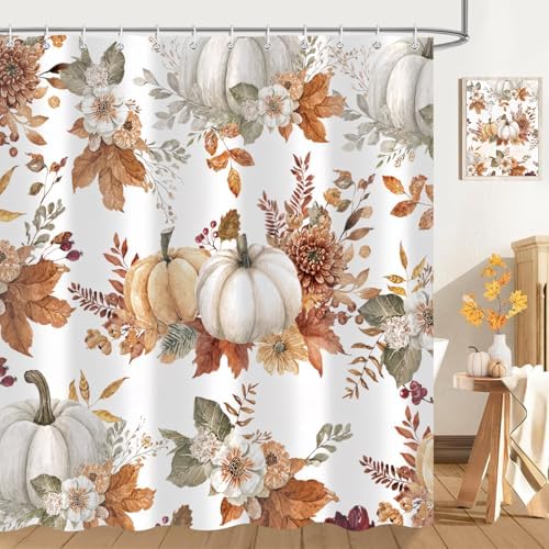 Fall Pumpkin Shower Curtain 72"x72" Waterproof Polyester, Autumn Leaves Floral Thanksgiving Bathroom Decor Includes 12 Hooks