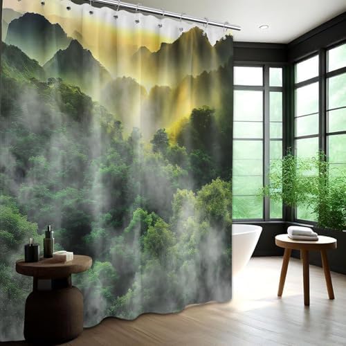 Misty Forest Shower Curtain Mountain Nature Scenic Green Bathroom Decor, Waterproof Cloth Fabric with Hooks 70" W x 72" L