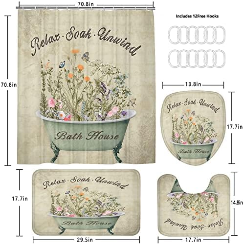 Nkzply 4 Pcs Green Floral Shower Curtain Set Vintage Flowers Leaves Bathroom Sets with Shower Curtain and Rugs Rustic Plant Farmhouse Bathroom Decor Country Bathtub Bathroom Rugs Toilet Lid Cover