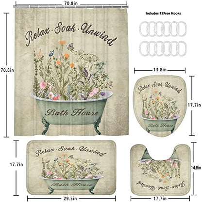 Nkzply 4 Pcs Green Floral Shower Curtain Set Vintage Flowers Leaves Bathroom Sets with Shower Curtain and Rugs Rustic Plant Farmhouse Bathroom Decor Country Bathtub Bathroom Rugs Toilet Lid Cover