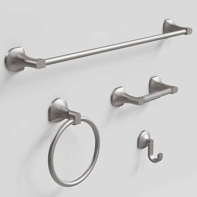 BGL Bathroom Hardware Set Brushed Nickel Adjustable Expandable Towel Bar 4-Piece Bathroom Accessory Set Wall Mounted Robe Hook Toilet Paper Holder Towel Ring Towel Bar