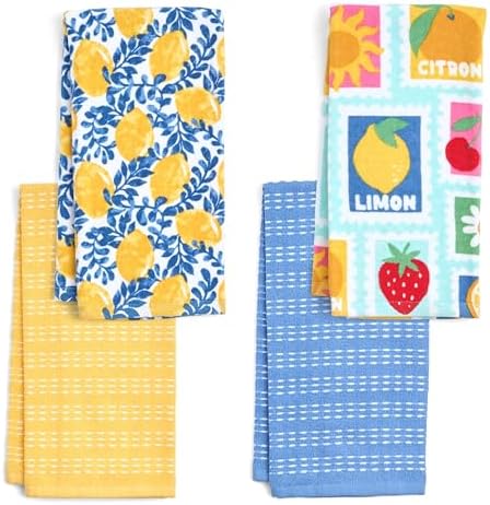 Ritz 4-Piece Kitchen Towel Set, Citron Vine & Summer Fruit Stamp Prints with Yellow & Blue Textured Terry, 100% Cotton & Absorbent Blend, 16" x 26", Vintage Mediterranean Fruit Kitchen Decor