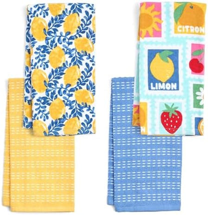Ritz 4-Piece Kitchen Towel Set, Citron Vine & Summer Fruit Stamp Prints with Yellow & Blue Textured Terry, 100% Cotton & Absorbent Blend, 16" x 26", Vintage Mediterranean Fruit Kitchen Decor