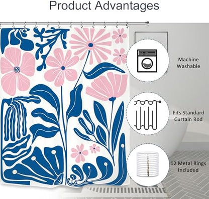Pink Blue Matisse Flower Shower Curtain 60Wx72L Inch Abstract Retro Aesthetic Minimalist Vintage Art 70s Modern Bathroom Set Accessories Decor with 12 Pack Hooks