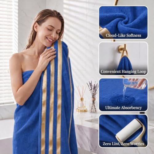 6-PCS Coral Fleece Microfiber Towel Set with Gold Stripes, Super Absorbent, Multiple Colors Available for Home, Bathroom, Hotel & Gym (6, Dark Blue)