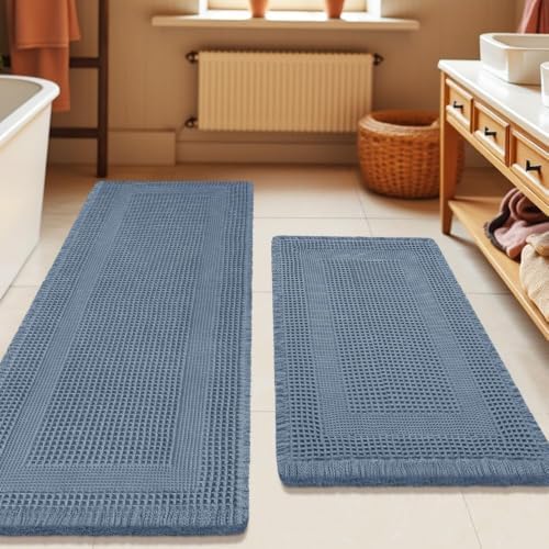 Upgrade Waffle Bath Mat Set 2 Piece, Boho Bathroom Rugs Absorbent Non Slip, Ultra Soft Bathroom Mat, Machine Washable Knit Bath Rugs with Tassels for Bathroom, Bedroom, Kitchen, Shower, Tub, Blue