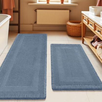 Upgrade Waffle Bath Mat Set 2 Piece, Boho Bathroom Rugs Absorbent Non Slip, Ultra Soft Bathroom Mat, Machine Washable Knit Bath Rugs with Tassels for Bathroom, Bedroom, Kitchen, Shower, Tub, Blue