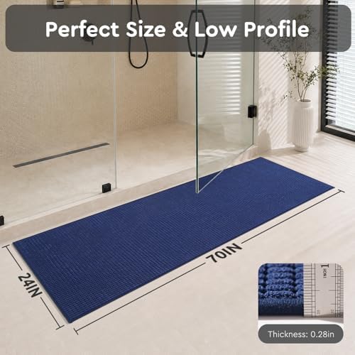 tchdio Bathroom Runner Rug, Absorbent Washable Thin Bath Mat, Non Slip Quick Dry Bath Rugs with Solid Rubber Backing, Low Profile Bath Mat, Blue, 24" x 70"