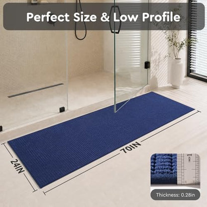 tchdio Bathroom Runner Rug, Absorbent Washable Thin Bath Mat, Non Slip Quick Dry Bath Rugs with Solid Rubber Backing, Low Profile Bath Mat, Blue, 24" x 70"