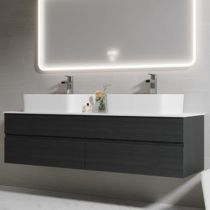 Bathroom Vanity Floating Bathroom Sink Cabinet with Ceramic Vessel Sink Wall Mounted Floating Vanity (Black & White, 59.8" W)