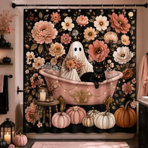 Halloween Shower Curtain, Black Cat Ghost Floral Bathroom Curtain, Autumn Pumpkin Decor Waterproof Polyester Fabric Shower Curtain with Hooks, 72x72 Inch
