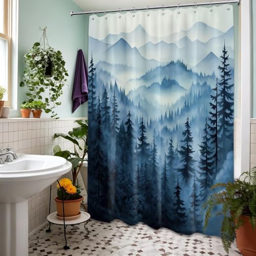 Navy Blue Forest Shower Curtain, 60X72 in, Mountain Rustic Pine Tree