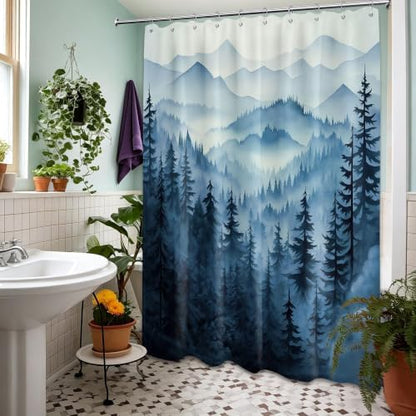 Navy Blue Forest Shower Curtain, 60X72 in, Mountain Rustic Pine Tree