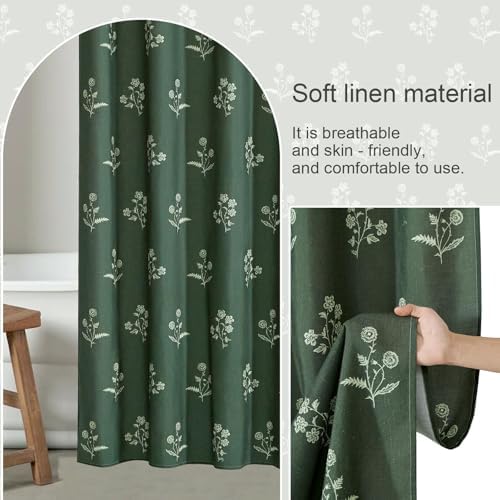 ORTIGIA Linen Shower Curtain Farmhouse Vintage Shower Curtains Set Boho Green Floral Cottagecore Rustic Block Print Decor for Bathroom 72 W x 72 L