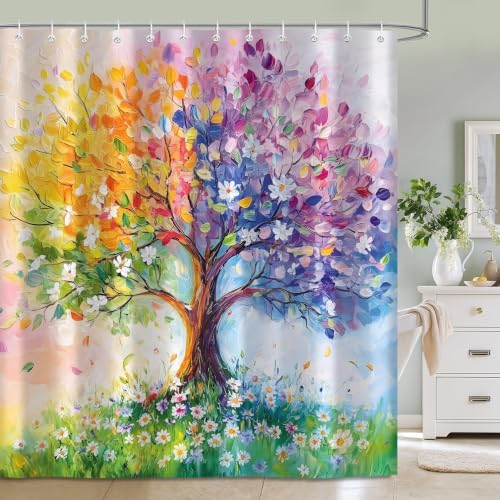Watercolor Oil Painting Tree Shower Curtains, Colored Seasons Trees Floral Fabric Shower Curtain Set Colorful Abstract Aesthetic Bath Curtain for Bathroom Decor Waterproof Cloth with Hooks 72X78 Inch