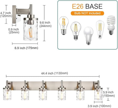 Bathroom Vanity Lighting Fixtures 6 Lights,Brushed Nickel Bathroom Vanity Lights with Clear Hammered Shade Wall Sconce Lighting Modern Farmhouse Bath Lighting