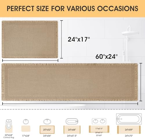 Upgrade Waffle Bath Mat Set 2 Piece, Boho Bathroom Rugs Absorbent Non Slip, Ultra Soft Bathroom Mat, Machine Washable Knit Bath Rugs with Border for Bathroom, Bedroom, Kitchen, Shower, Tub, Beige