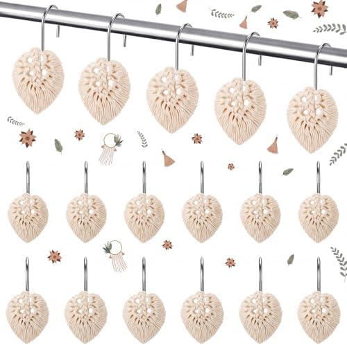 Thyle 12 Pcs Boho Shower Curtain Hooks, Bohemian Tassel Ornament Rings Shower Curtain Hooks Holiday Decorative for Bathroom Accessories