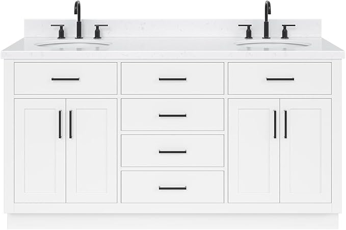 ARIEL Hepburn 66-inch Bathroom Vanity with Sink,Solid Wood, 1.5-inch Carrara White Quartz Countertop & Backsplash, Double Oval Porcelain Sink, 4 Soft Closing Doors, 6 Dovetail Drawers, White