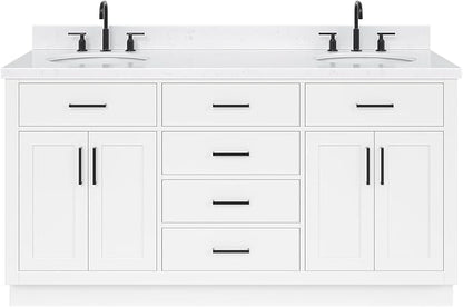 ARIEL Hepburn 66-inch Bathroom Vanity with Sink,Solid Wood, 1.5-inch Carrara White Quartz Countertop & Backsplash, Double Oval Porcelain Sink, 4 Soft Closing Doors, 6 Dovetail Drawers, White