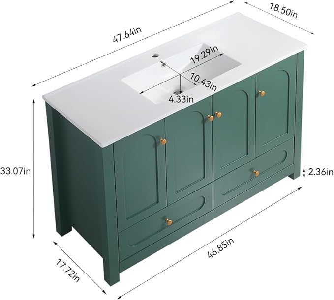 LZ LEISURE ZONE 48" Bathroom Vanity with Ceramic Sink Combo, Abundant Cabinet -4 Soft Close Doors and 2 Drawers, Green