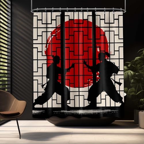Japanese Shower Curtain Japan Anime Asian Black and Red Shower Curtains for Manly Bathroom Decor Sets, Waterproof Cloth Fabric with Hooks, 60x72 Inch