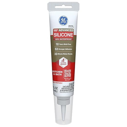 GE Advanced Silicone Caulk for Kitchen & Bathroom, White, 2.8 fl oz Tube, 1 Pack - 100% Waterproof Silicone Sealant, 5X Stronger Adhesion, Shrink & Crack Proof
