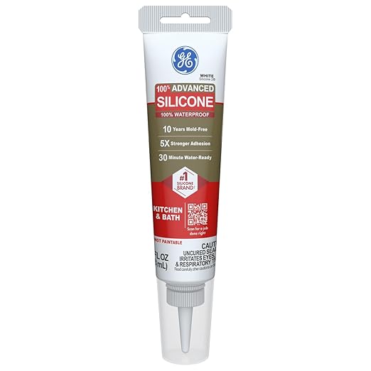GE Advanced Silicone Caulk for Kitchen & Bathroom, White, 2.8 fl oz Tube, 1 Pack - 100% Waterproof Silicone Sealant, 5X Stronger Adhesion, Shrink & Crack Proof
