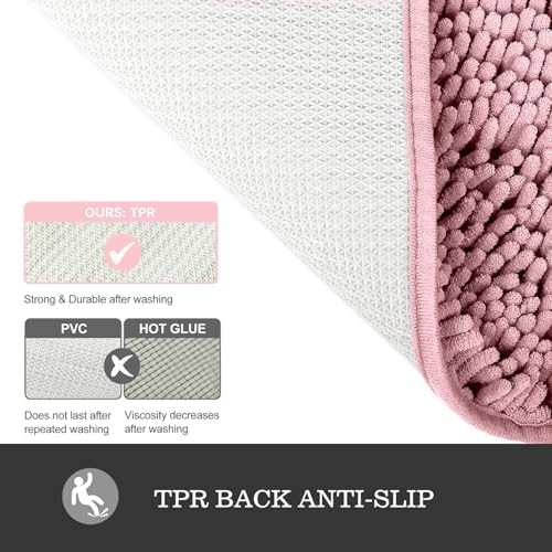 Yeaban Chenille Blush Bathroom Rug 20"x32", Non-Slip Rubber Backing