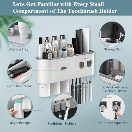 Toothbrush Holders Wall Mounted, Toothbrush Holder with Automatic Toothpaste Dispensers, 6 Brush Slots, 3 Magnetic Cups,1 Cosmetic Drawer Organizer and 1 Large Storage Tray